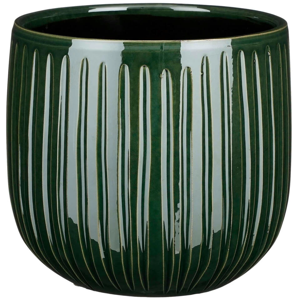 Mica Decorations Plantenpot - Donkergroen - Glans Ribbel - D21/H19 Cm
